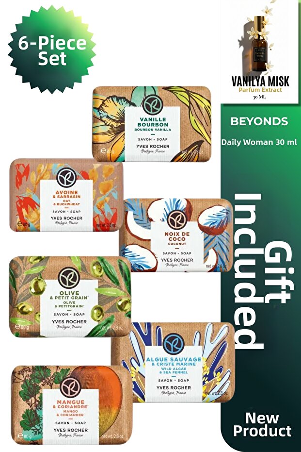 6-Piece Solid Soap Set - Oat, Vanilla, Mango, Olive, Ocean, Coconut - Vegan