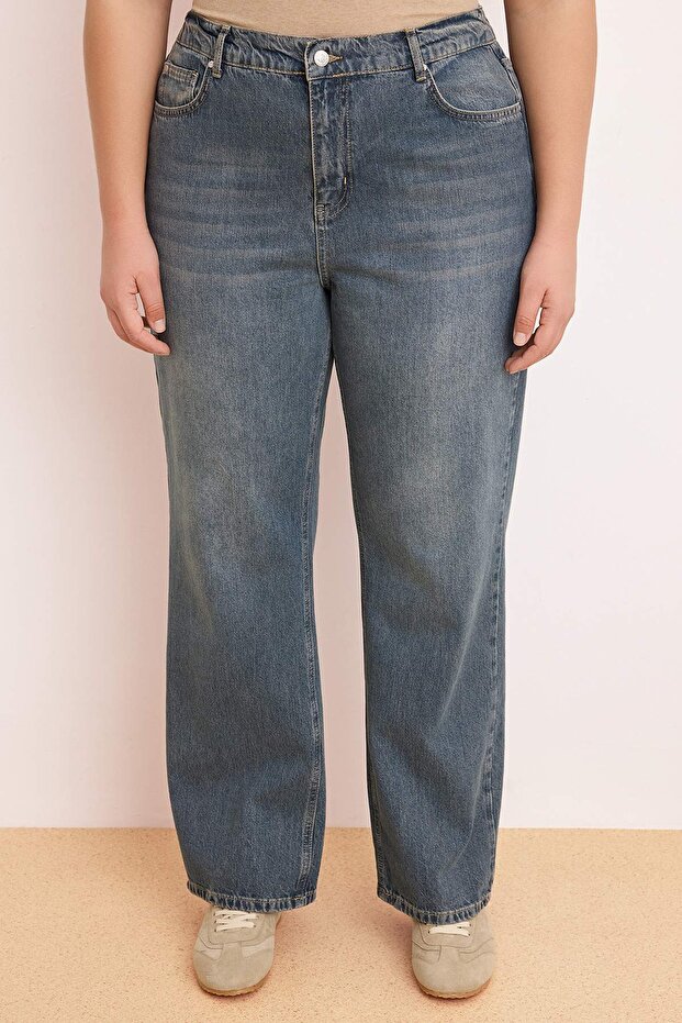 Mavi Lastikli Bel %100 Pamuk Non Stretch Düz Kesim Straight Fit Büyük Beden Jeans TBBSS26CJ00024 - 3
