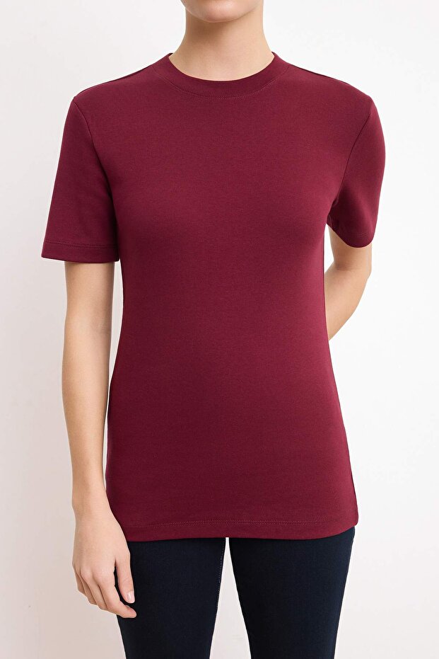 Bordo Fitted/Vücuda Oturan Kısa Kollu Pamuk Ribana Örme T-Shirt TWOSS26TS00080 - 4