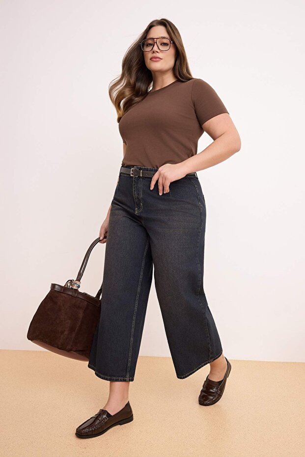 Kahverengi Yüksek Bel Pens Detaylı %100 Pamuk Non-Stretch Culotte Fit Jeans TBBSS26CJ00007 - 1