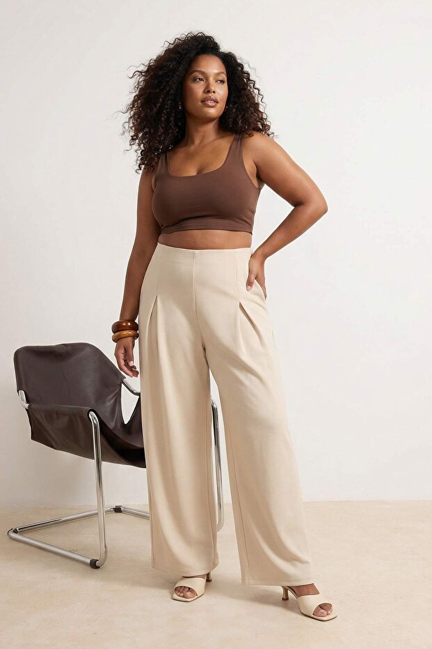 Taş Pileli Wide Leg/Geniş Paça Dökümlü Örme Büyük Beden Pantolon TBBSS26AR00021 - 2