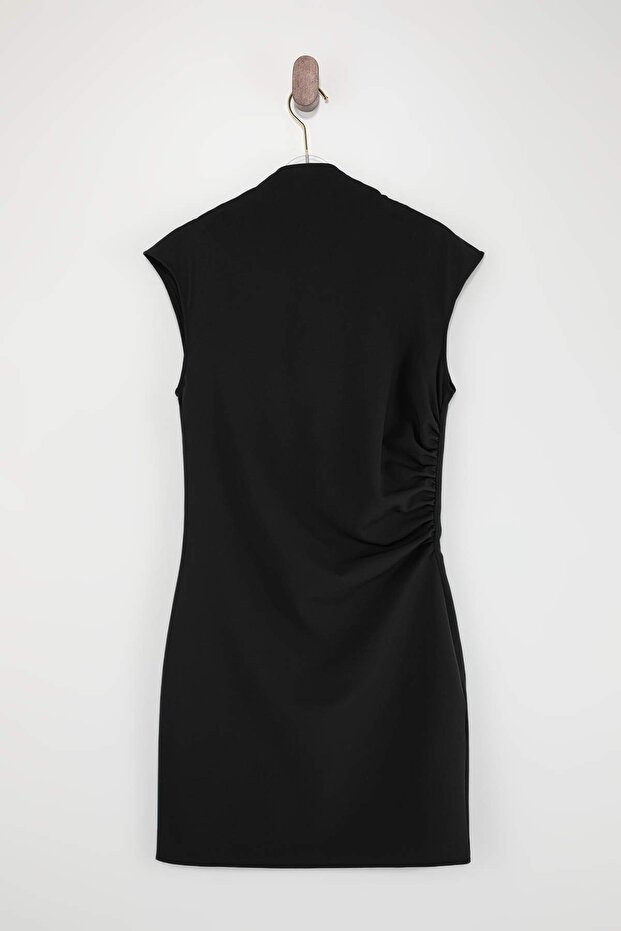 Wardrope Essentials Siyah Drape Detaylı Dik Yaka Kısa / Mini Dokuma Elbise TWOSS26EL00306 - 9