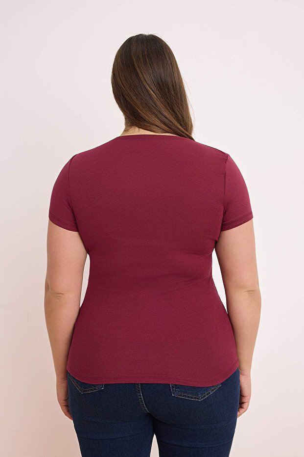 Bordo Büzgü/Drape Detaylı Fitted/Vücuda Oturan Örme Büyük Beden Bluz TBBSS26AF00075 - 4