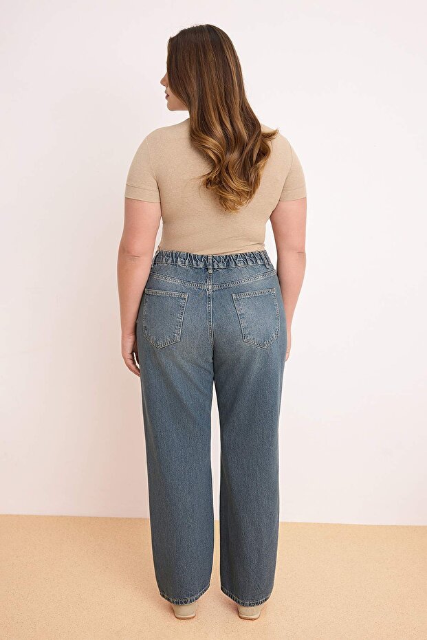 Mavi Lastikli Bel %100 Pamuk Non Stretch Düz Kesim Straight Fit Büyük Beden Jeans TBBSS26CJ00024 - 4