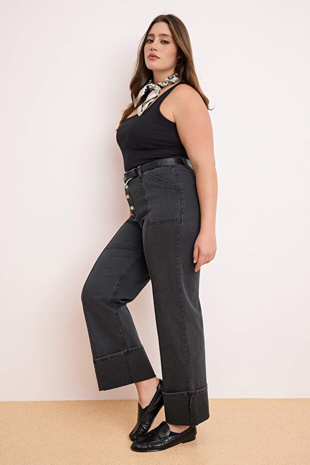 Antrasit Yüksek Bel Duble Paça Comfort/Esnek İnce Kumaş Straight Fit Jeans TBBSS26CJ00009 - 3