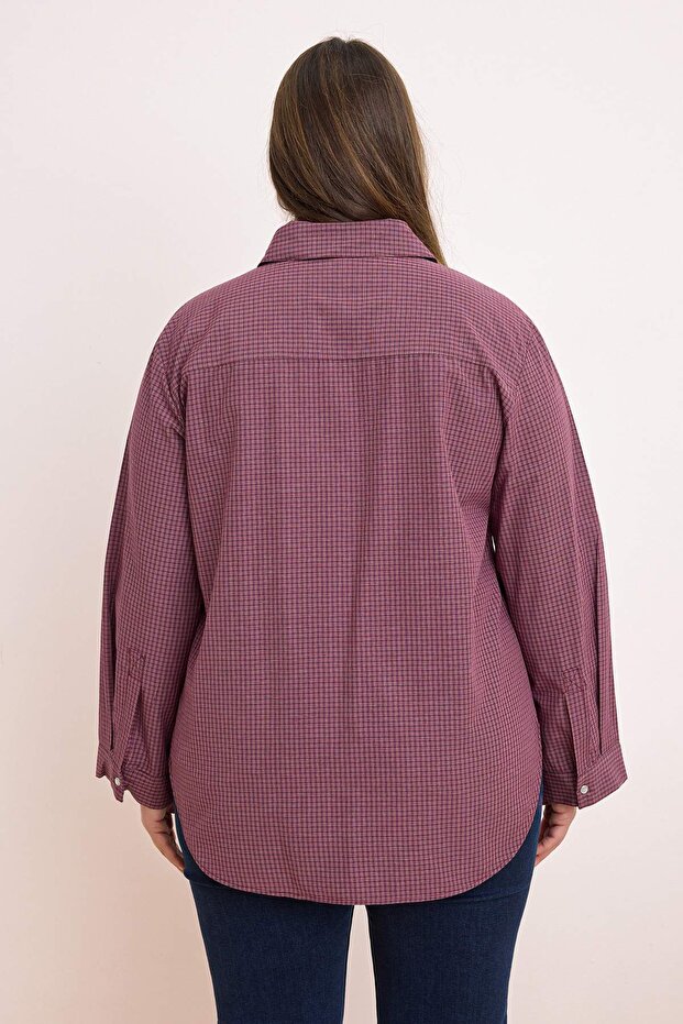 Bordo-Çok Renkli Ekose/Kareli Geniş Manşetli Kolu Katlanabilir Oversize Gömlek TBBSS26AX00011 - 4
