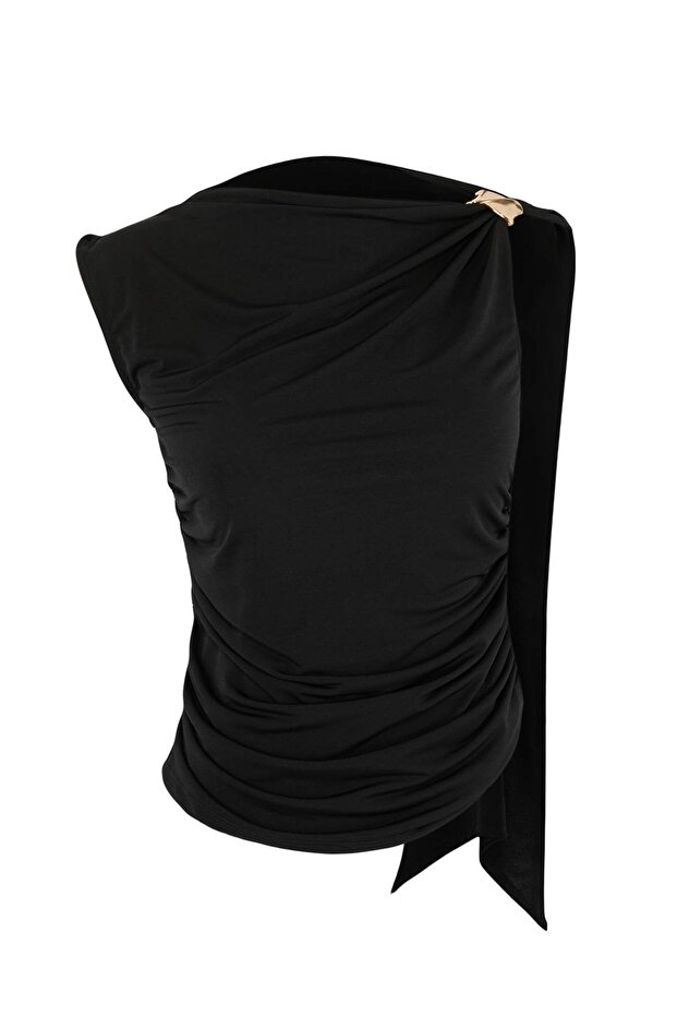 Limited Edition Siyah Aksesuar Detaylı Büzgülü Party Bluz TPRSS26BZ00031 - 5