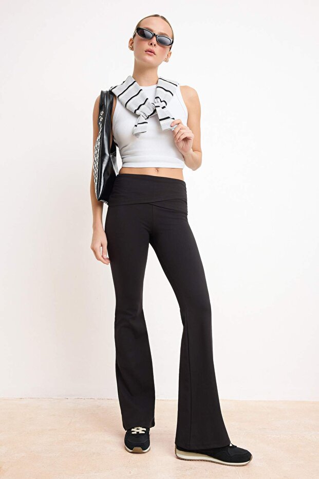 Siyah Flare/İspanyol Paça Normal Bel Dalgıç/Scuba Örme Pantolon TWOSS26PL00119 - 1