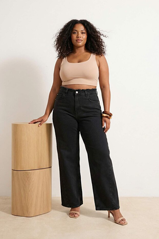 Antrasit Yüksek Bel Geniş Paça Comfort/Orta Esnek Wide Leg Büyük Beden Jeans TBBSS26CJ00003 - 1