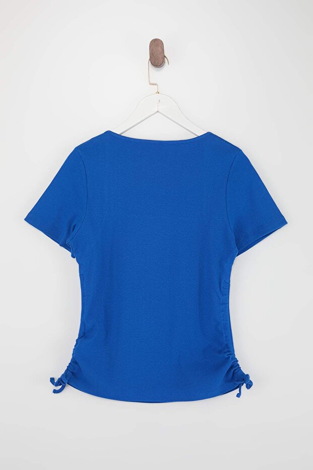 Saks Kare Yaka Büzgülü Kaşkorse Örme Büyük Beden Bluz TBBSS26AF00047 - 6