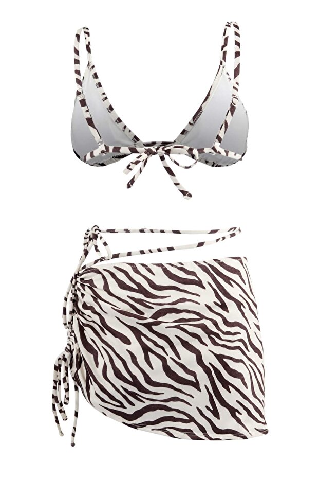 Zebra Desenli Üçgen Etekli Kaplı Brazilian Normal Bel 3'lü Set Bikini Takımı TBESS24BT00022 - 8