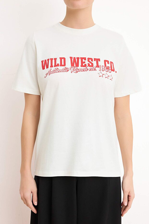 Ekru Slogan Regular/Normal Kalıp Kısa Kollu Tok %100 Pamuk Örme T-Shirt TWOSS26TS00082 - 3