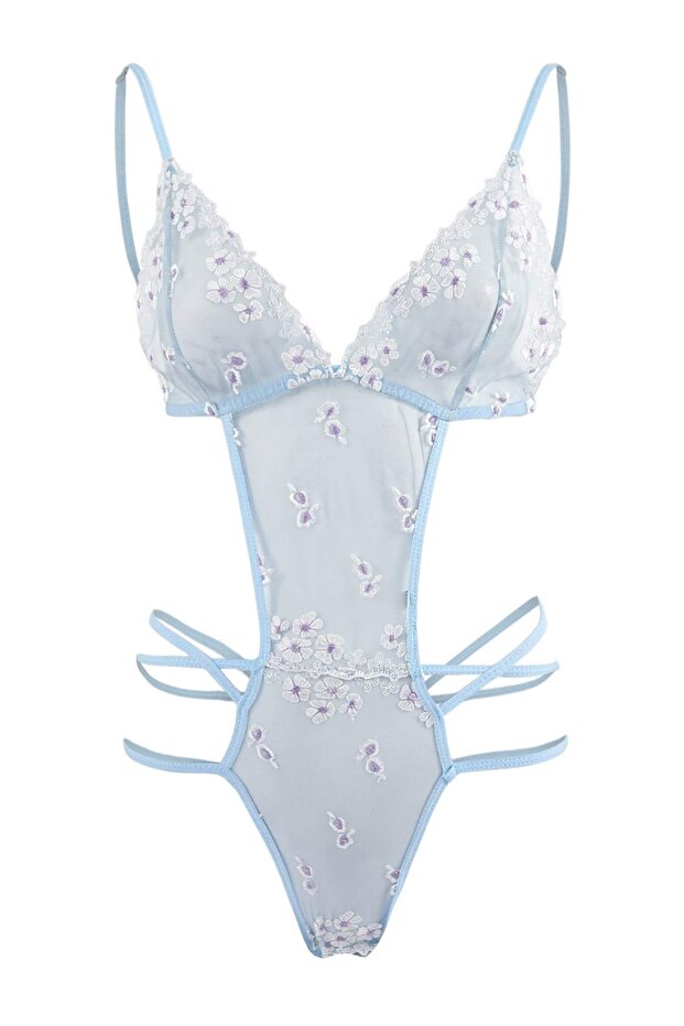 Mavi Tül Çiçekli Fitted Kapsız Fantezi Body THMSS26BD00015 - 3