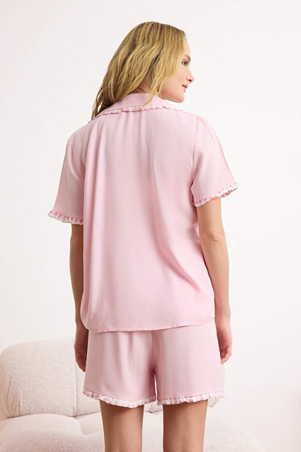 Pembe Ekose Fırfır Detaylı Viskon Dokuma Pijama Takımı THMSS26PT00030 - 4