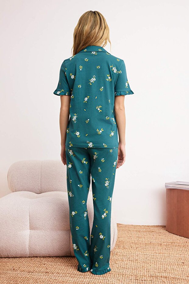 Zümrüt Yeşili %100 Pamuklu Çiçekli Fırfırlı Örme Pijama Takımı THMSS24PT00227 - 4