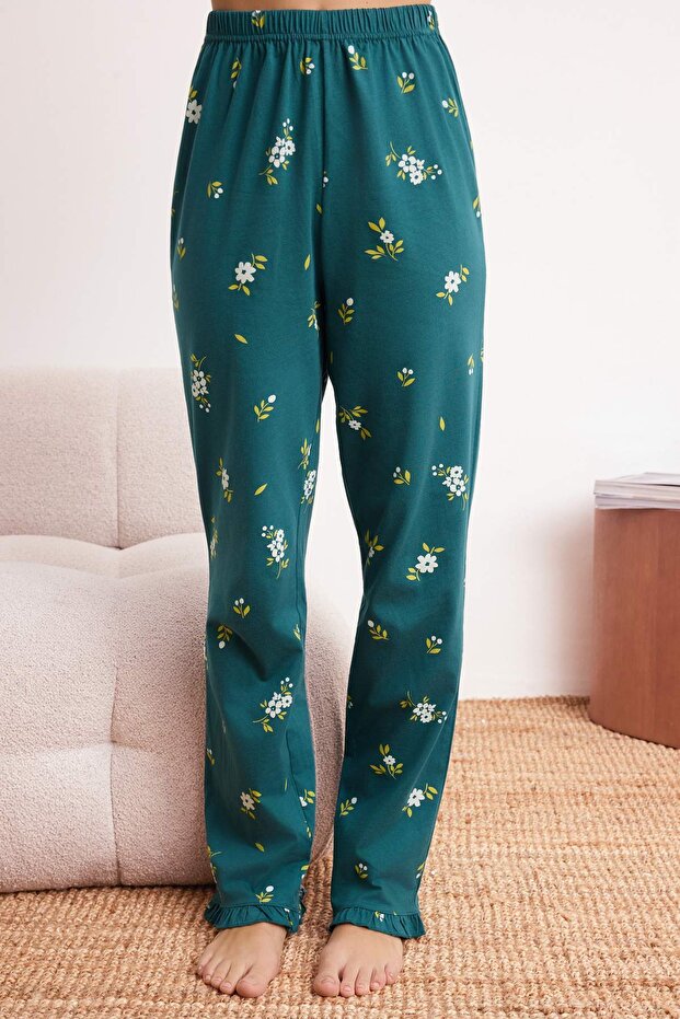 Zümrüt Yeşili %100 Pamuklu Çiçekli Fırfırlı Örme Pijama Takımı THMSS24PT00227 - 3