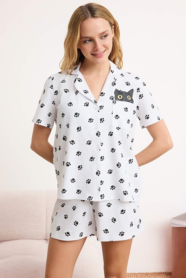 Siyah-Beyaz %100 Pamuklu Kedi ve Pati Desenli Örme Pijama Takımı THMSS26PT00044 - 1