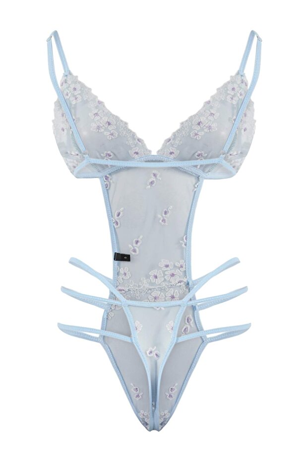 Mavi Tül Çiçekli Fitted Kapsız Fantezi Body THMSS26BD00015 - 4