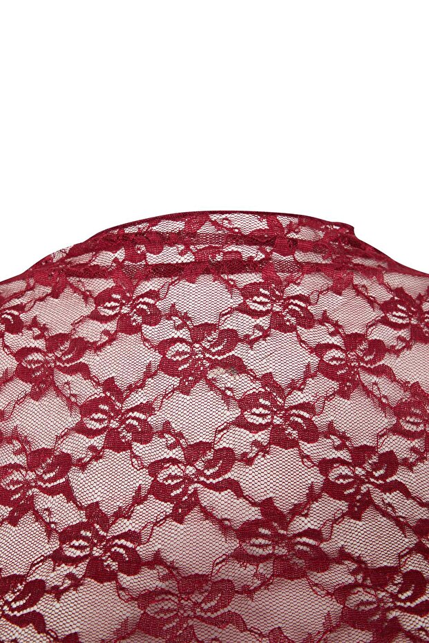Bordo Fitted Kolsuz Dantel Örme Büyük Beden Bluz TBBSS26AF00115 - 5