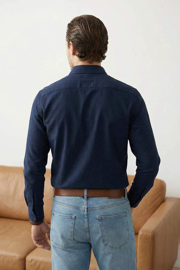 Lacivert Normal Kalıp/Regular Fit Gabardin Dokulu Kolay Ütülenir Erkek Dokuma Gömlek TMNSS26GO00006 - 3