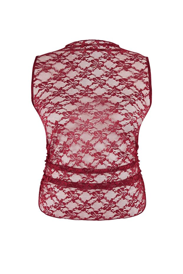 Bordo Fitted Kolsuz Dantel Örme Büyük Beden Bluz TBBSS26AF00115 - 6