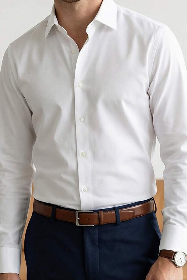 Beyaz Normal Kalıp/Regular Fit Gabardin Dokulu Kolay Ütülenebilir Erkek Dokuma Gömlek TMNSS26GO00006 - 2