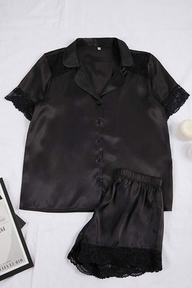 Siyah Dantel Detaylı Saten Şortlu Dokuma Pijama Takımı THMSS26PT00102 - 3