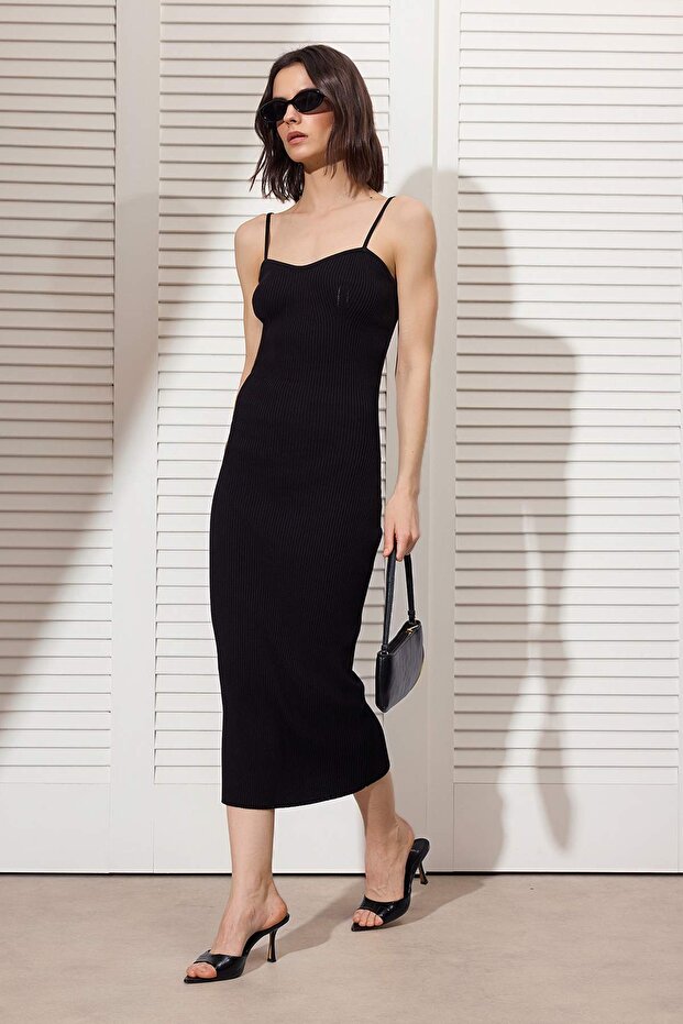 Siyah Midi Bodycone/Vücuda Oturan Triko Elbise TWOSS26EL00183 - 1