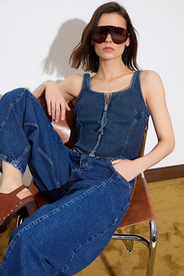Limited Edition Mavi Askılı Crop %100 Pamuk Denim Bluz TWOSS26BZ00427 - 1