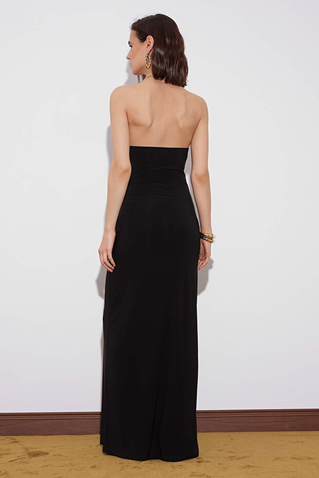 Limited Edition Siyah Boyun Aksesuar Detaylı Örme Maxi Abiye & Mezuniyet Elbisesi TPRSS26AE00008 - 5