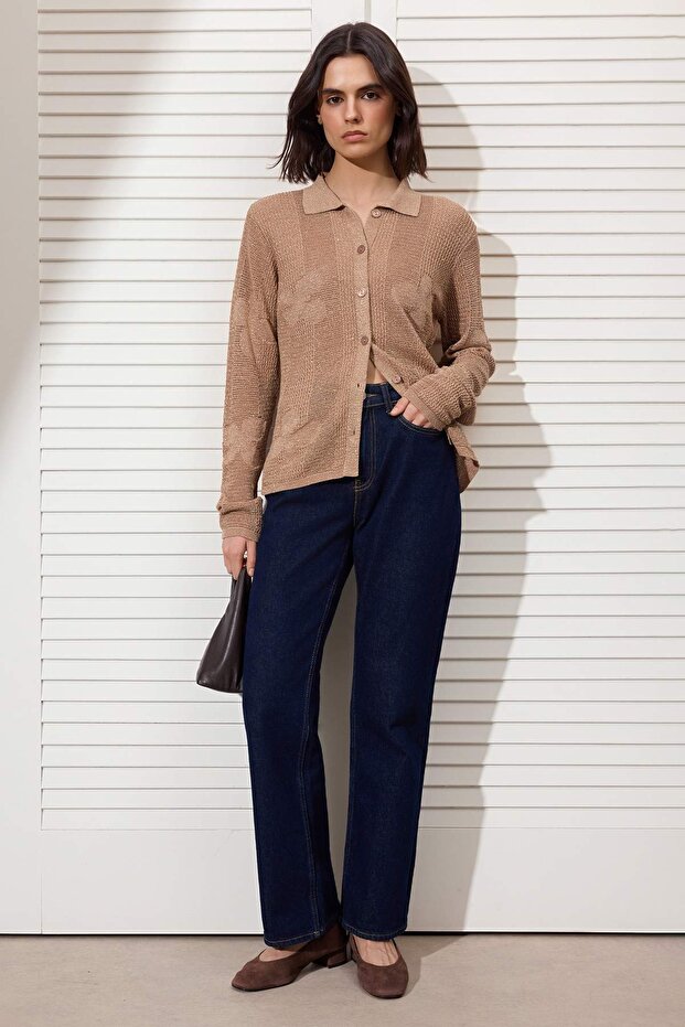 Camel Polo Yaka Ajurlu/Delikli Nakışlı Triko Hırka TWOSS26HI00011 - 3