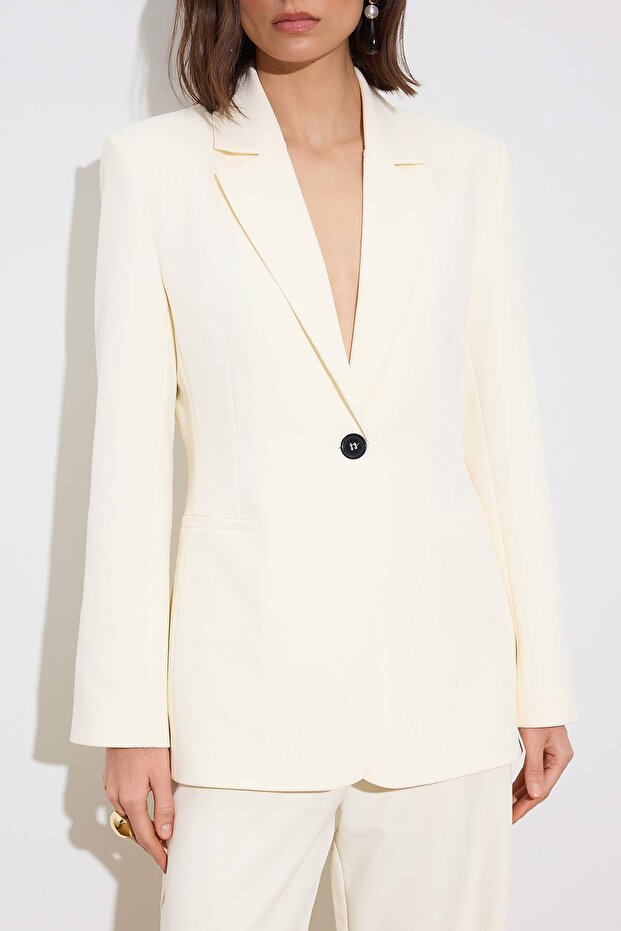 Limited Edition Kırık Beyaz Fitted/Vücuda Oturan Dokuma Blazer Ceket TWOSS26BC00021 - 6