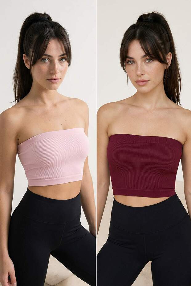Bordo-Pembe 2'li Paket Seamless/Dikişsiz Fitilli Straplez Örme Spor Sütyeni TWOSS21SS0061 - 3