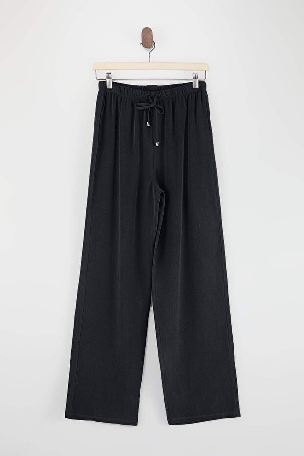 Siyah Keten Karışımlı Geniş Paça Tencel Pantolon TDRSS26PL00008 - 6