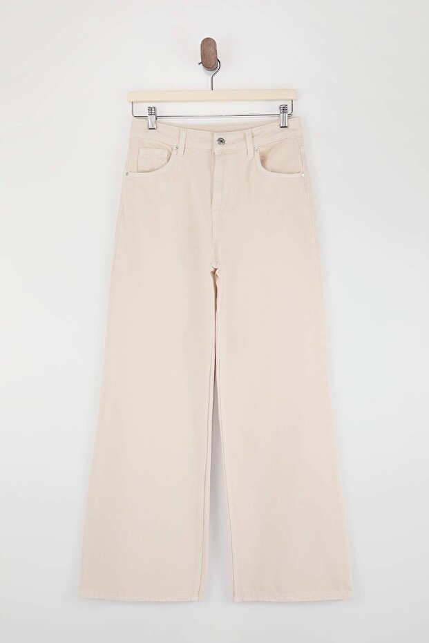 Bej DÖKÜMLÜ Yüksek Bel %100 Pamuk Wide Leg Jeans TWOSS26JE00216 - 5