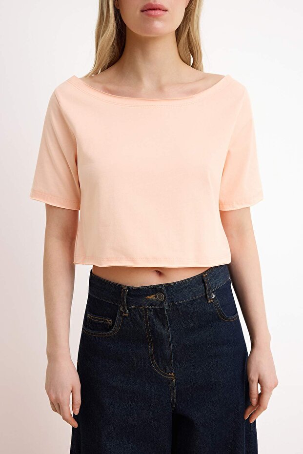 Kahverengi-Pembe 2'li Paket %100 Pamuk Asimetrik Kayık Yaka Crop Örme T-Shirt TWOSS25TS00194 - 3