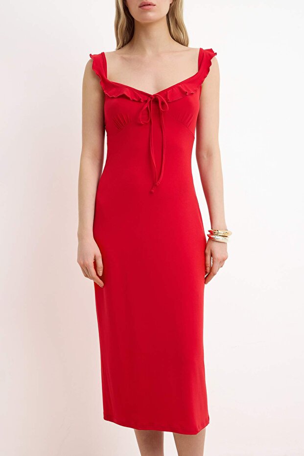 Kırmızı Bodycon V Yaka Kalın Askılı Kolsuz Volanlı/Fırfırlı Maxi Esnek Örme Elbise TWOSS26EL00202 - 3