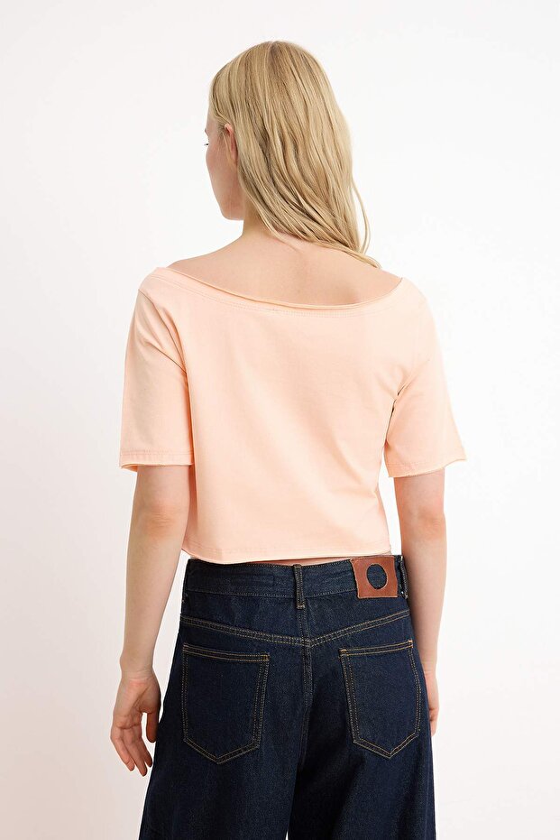 Kahverengi-Pembe 2'li Paket %100 Pamuk Asimetrik Kayık Yaka Crop Örme T-Shirt TWOSS25TS00194 - 4
