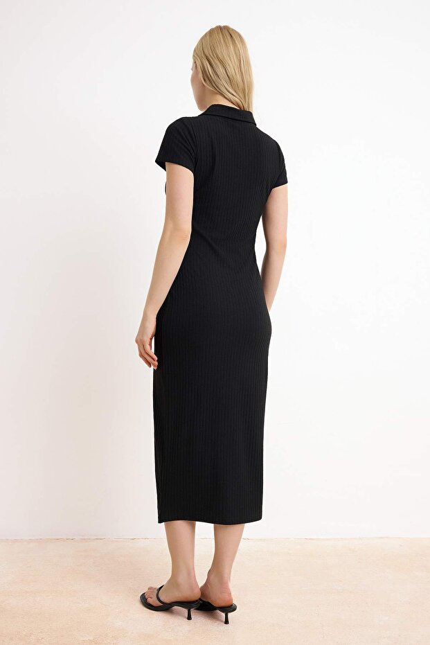 Siyah Bodycon Polo Yaka Ay Kol Kısa Kollu Midi Fitilli Esnek Örme Elbise TWOSS26EL00098 - 4