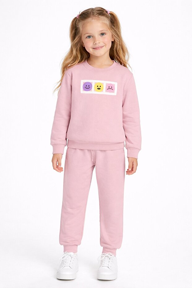 Pink Smiling Face Embroidered Fleece-Lined Girls' Tracksuit Set 23356