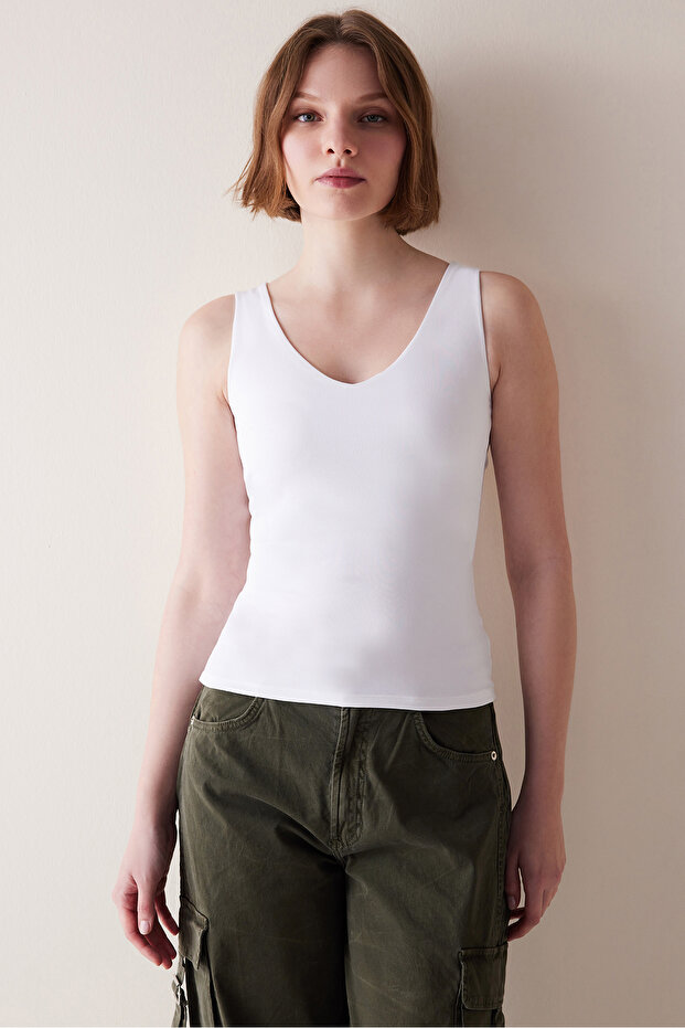 V Neck White Top - 1