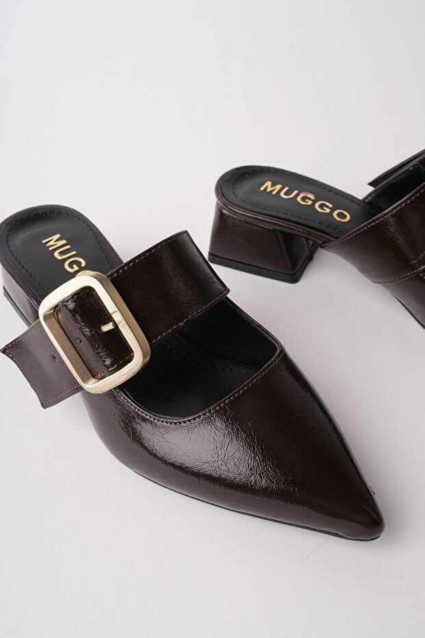 Desti̇ny Gold Buckle Single Strap Pointed Toe Women's Heeled Slippers