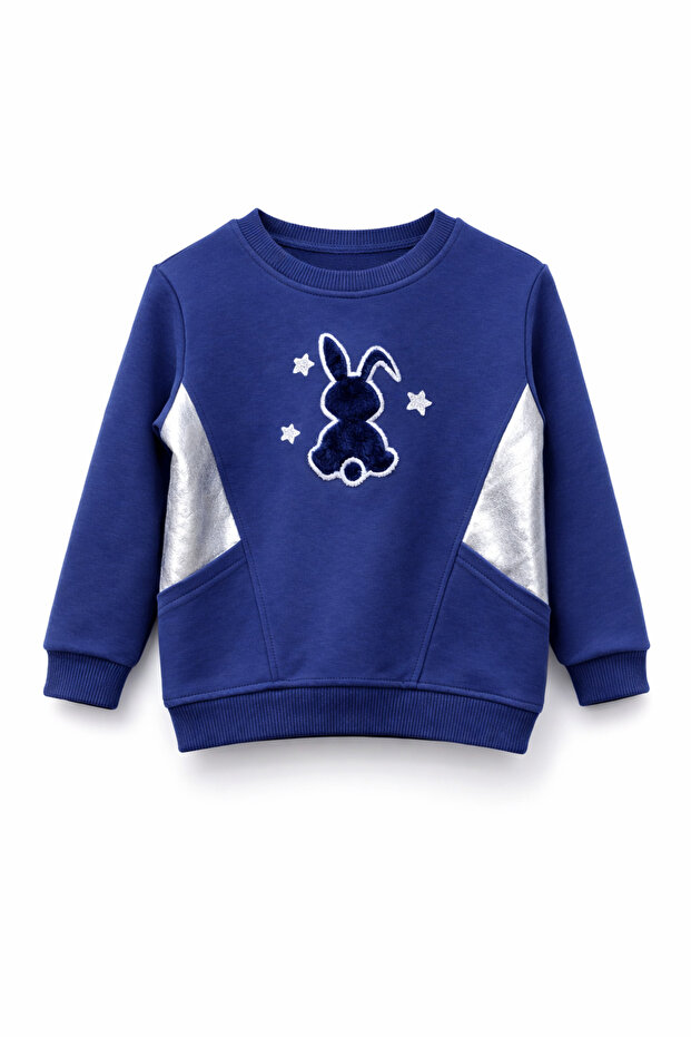 Rabbit Plush Applique Silver Detailed Sweatshirt (2-9 Years)
