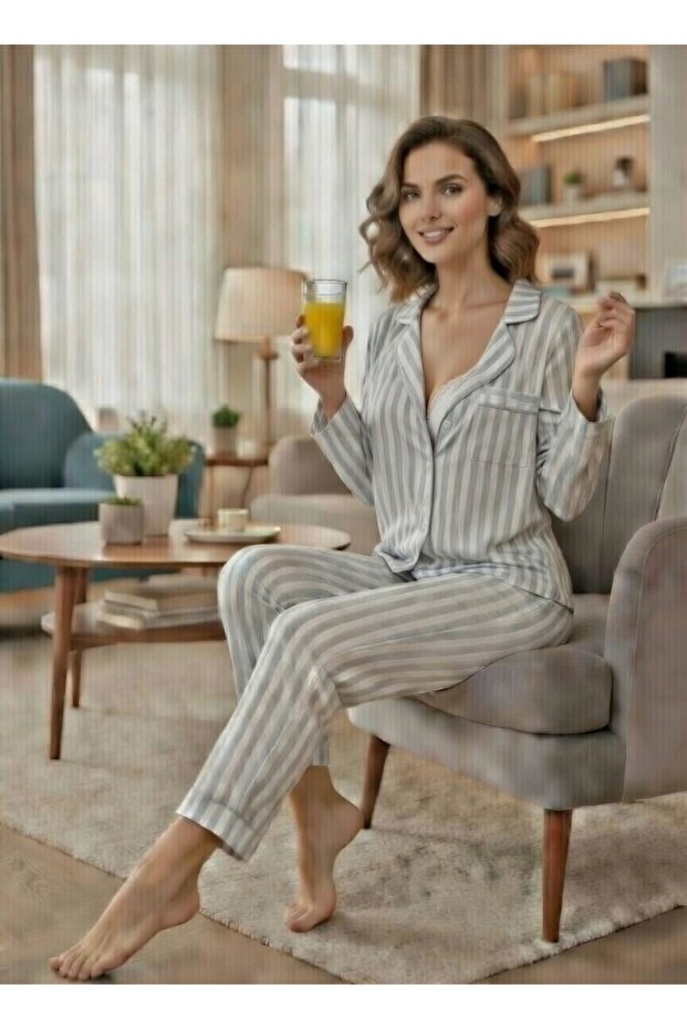 Buttoned Striped Pattern Pajama Set - 1