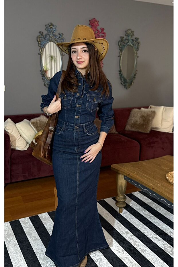 Maxi Boy Denim Elbise-DAR KALIPTIR - 1