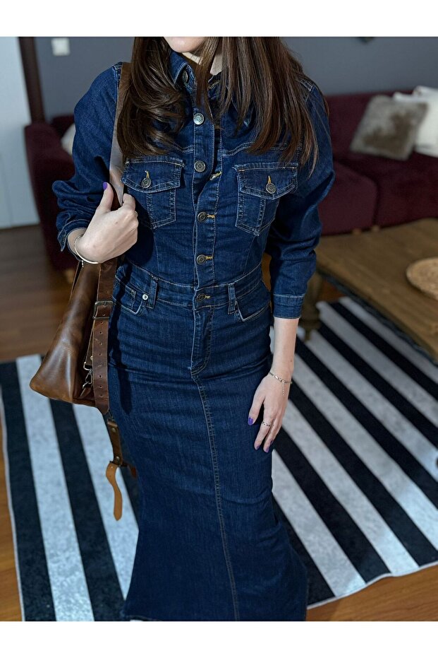 Maxi Boy Denim Elbise-DAR KALIPTIR - 8