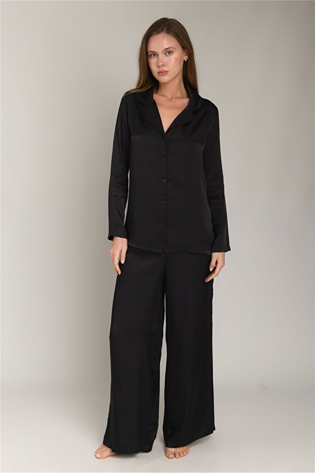 Geraldine Satin Long Sleeve Shirt Pants Set Pajama Set - Black