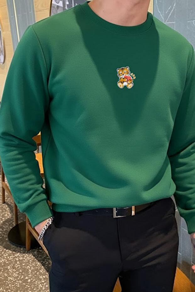 Men's Tiger Printed Loose Green Sweatshirt