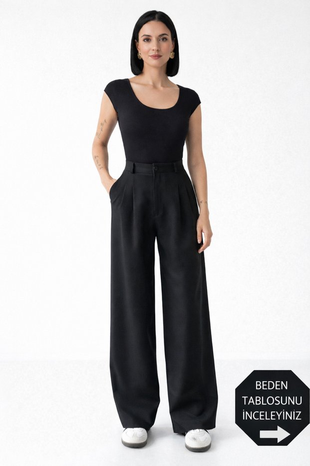 Women's Black Wide Leg Pleated Palazzo Fabric Trousers