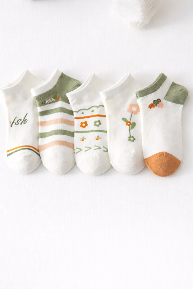 5 Pack Women's Floral Patterned Booties Socks Mixed Color Cotton Sports Socks